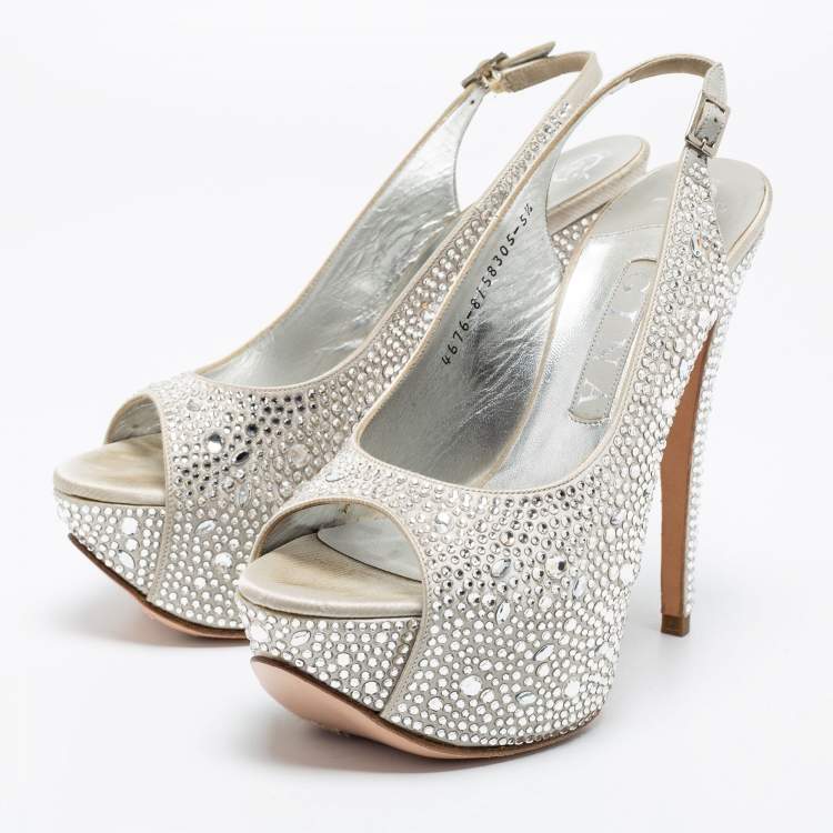 Pre Owned Gina Grey Crystal Embellished Satin Slingback Platform Peep Toe Sandals Size 38.5
