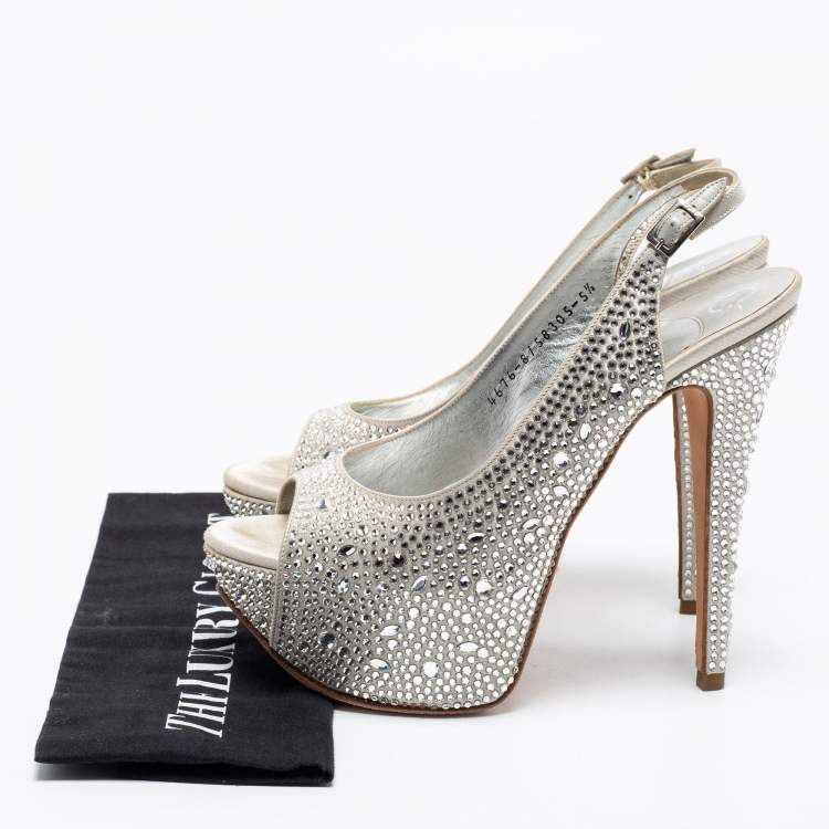 Pre Owned Gina Grey Crystal Embellished Satin Slingback Platform Peep Toe Sandals Size 38.5