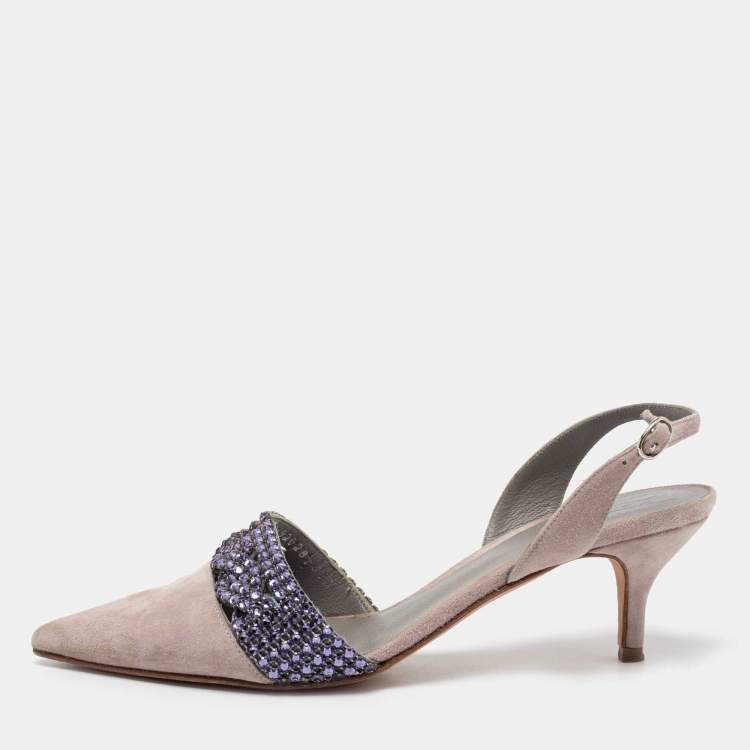 Pre Owned Gina Grey Suede Crystal Embellished Slingback Pumps Size 37.5