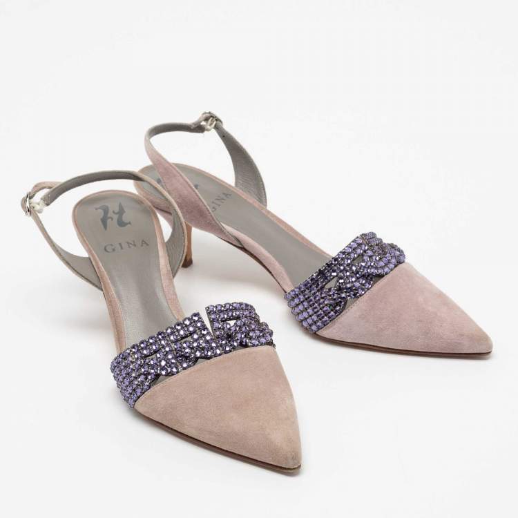 Pre Owned Gina Grey Suede Crystal Embellished Slingback Pumps Size 37.5