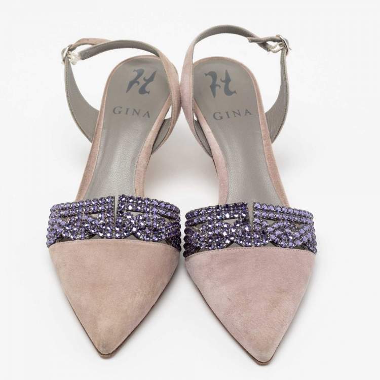 Pre Owned Gina Grey Suede Crystal Embellished Slingback Pumps Size 37.5