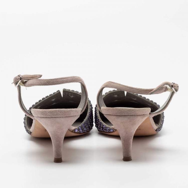 Pre Owned Gina Grey Suede Crystal Embellished Slingback Pumps Size 37.5