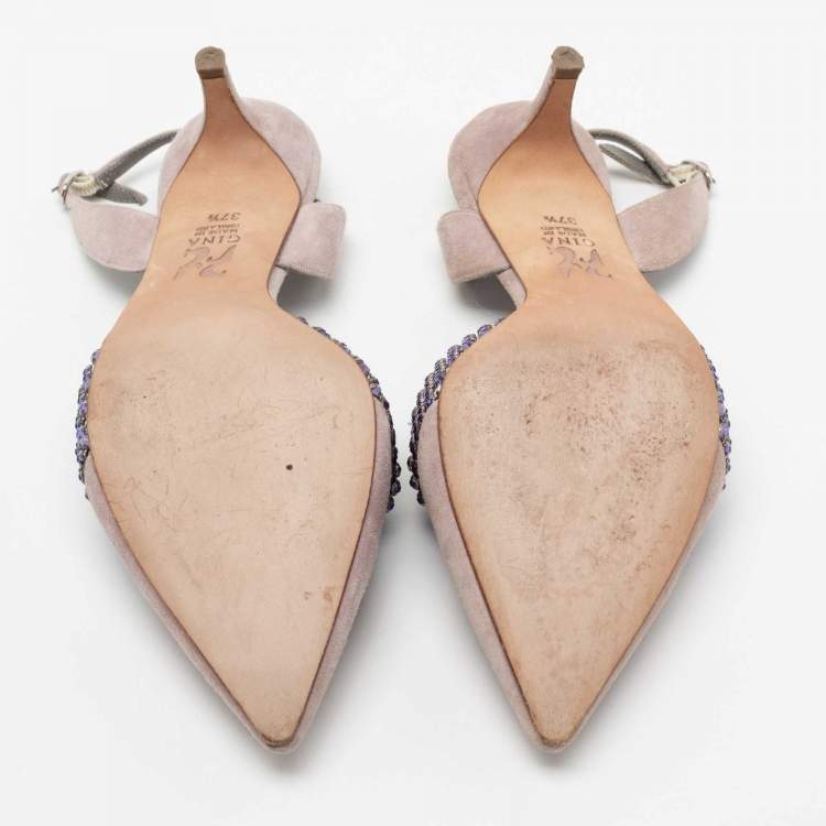 Pre Owned Gina Grey Suede Crystal Embellished Slingback Pumps Size 37.5