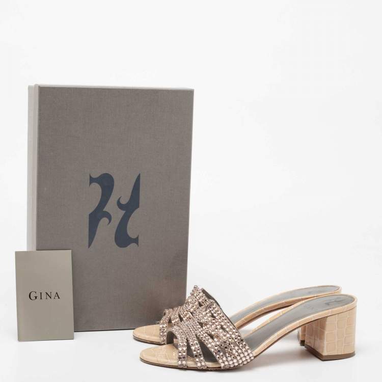 Pre Owned Gina Beige Croc Embossed Patent Leather Crystal Embellished Loren Slide Sandals Size 40.5