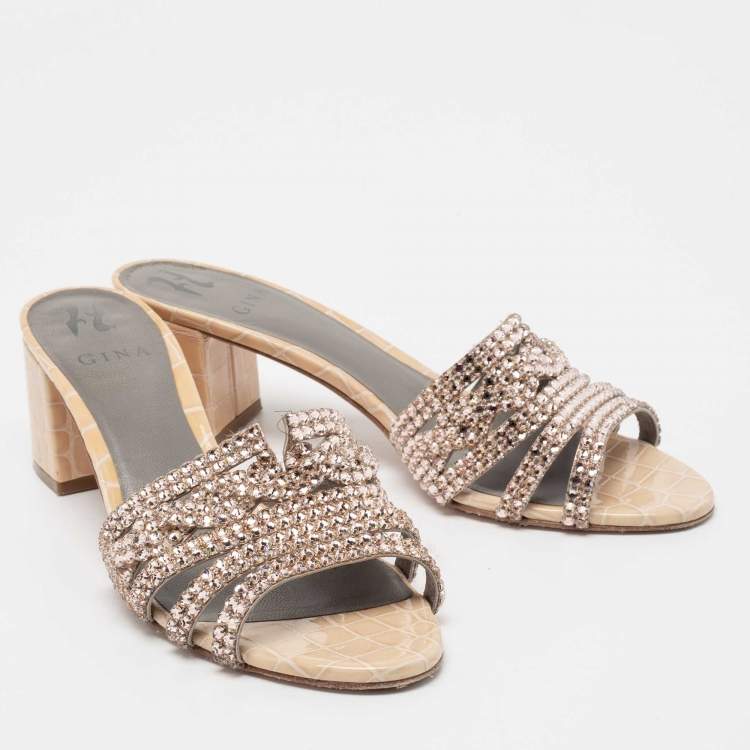 Pre Owned Gina Beige Croc Embossed Patent Leather Crystal Embellished Loren Slide Sandals Size 40.5
