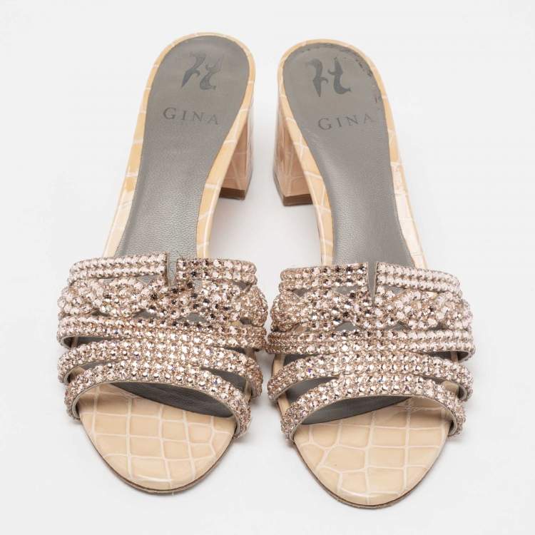 Pre Owned Gina Beige Croc Embossed Patent Leather Crystal Embellished Loren Slide Sandals Size 40.5