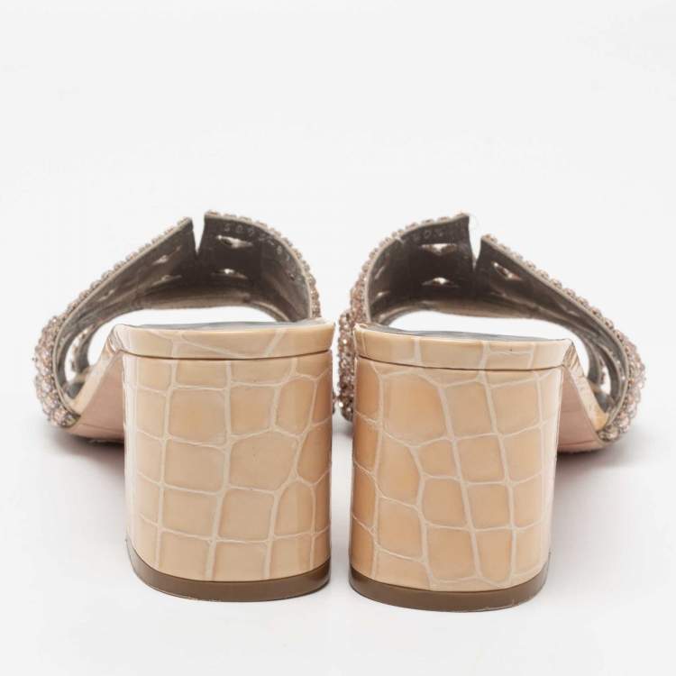 Pre Owned Gina Beige Croc Embossed Patent Leather Crystal Embellished Loren Slide Sandals Size 40.5