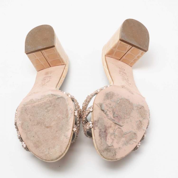 Pre Owned Gina Beige Croc Embossed Patent Leather Crystal Embellished Loren Slide Sandals Size 40.5