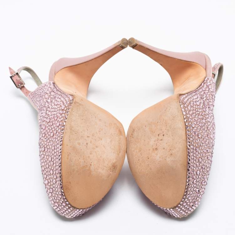 Pre Owned Gina Pink Satin Crystal Embellished Peep-Toe Platform Slingback Sandals Size 40