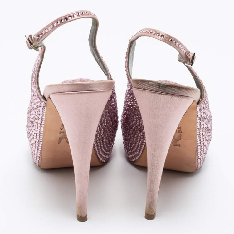 Pre Owned Gina Pink Satin Crystal Embellished Peep-Toe Platform Slingback Sandals Size 40