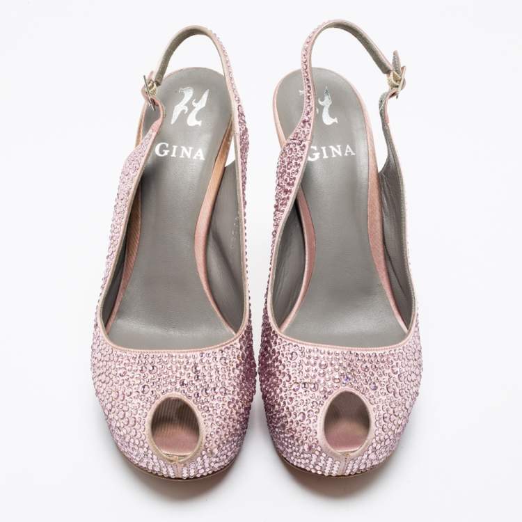 Pre Owned Gina Pink Satin Crystal Embellished Peep-Toe Platform Slingback Sandals Size 40