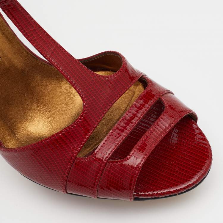 Pre Owned Gina Red Lizard Embossed Leather Ankle Strap Sandals Size 39