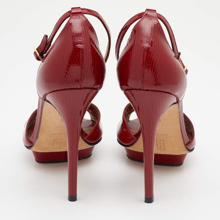 Pre Owned Gina Red Lizard Embossed Leather Ankle Strap Sandals Size 39