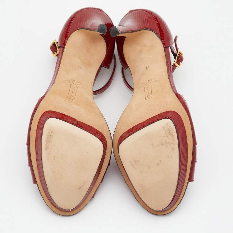 Pre Owned Gina Red Lizard Embossed Leather Ankle Strap Sandals Size 39