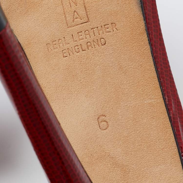 Pre Owned Gina Red Lizard Embossed Leather Ankle Strap Sandals Size 39