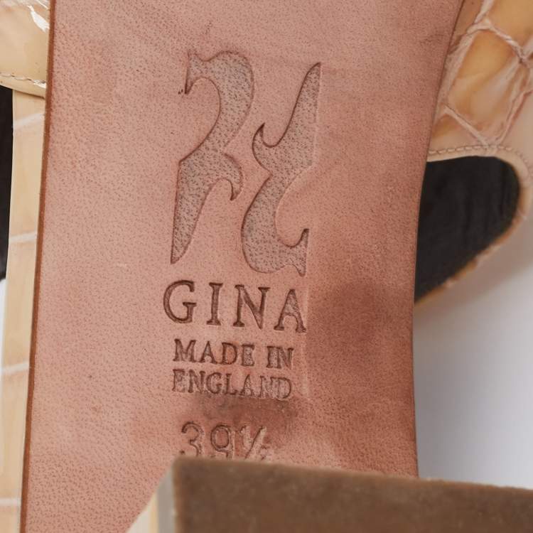 Pre Owned Gina Beige Croc Embossed Patent Leather Crystal Embellished Block Heel Mules Size 39.5