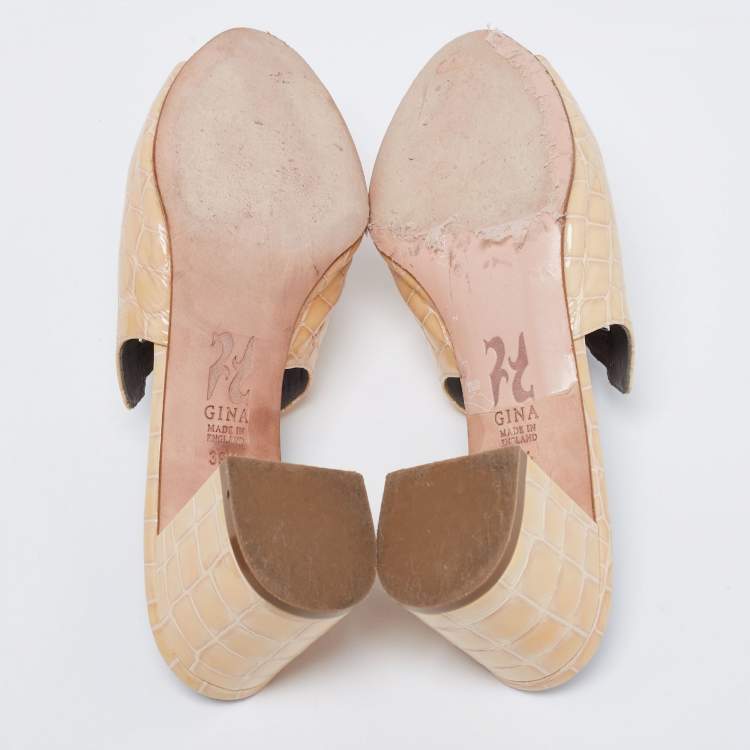 Pre Owned Gina Beige Croc Embossed Patent Leather Crystal Embellished Block Heel Mules Size 39.5