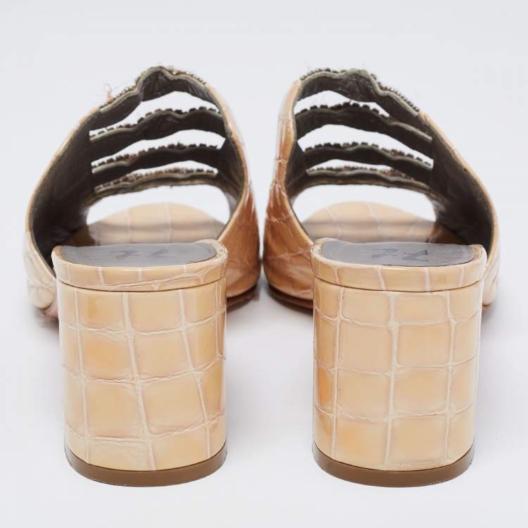Pre Owned Gina Beige Croc Embossed Patent Leather Crystal Embellished Block Heel Mules Size 39.5