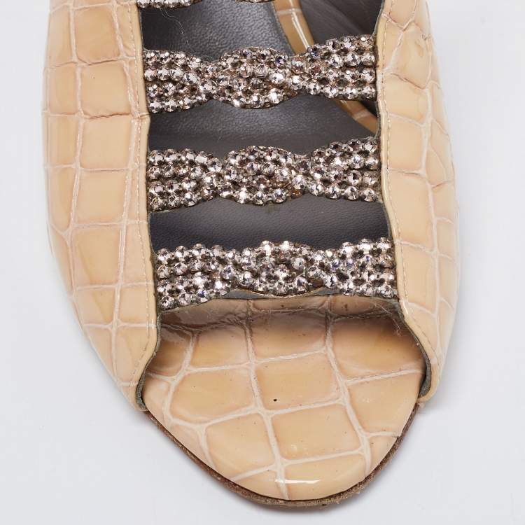 Pre Owned Gina Beige Croc Embossed Patent Leather Crystal Embellished Block Heel Mules Size 39.5