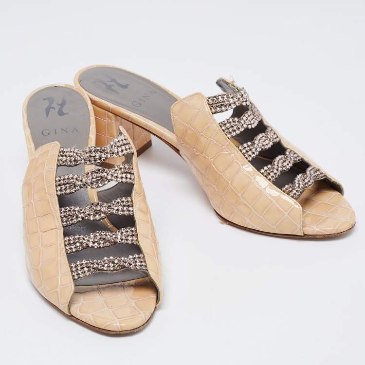 Pre Owned Gina Beige Croc Embossed Patent Leather Crystal Embellished Block Heel Mules Size 39.5