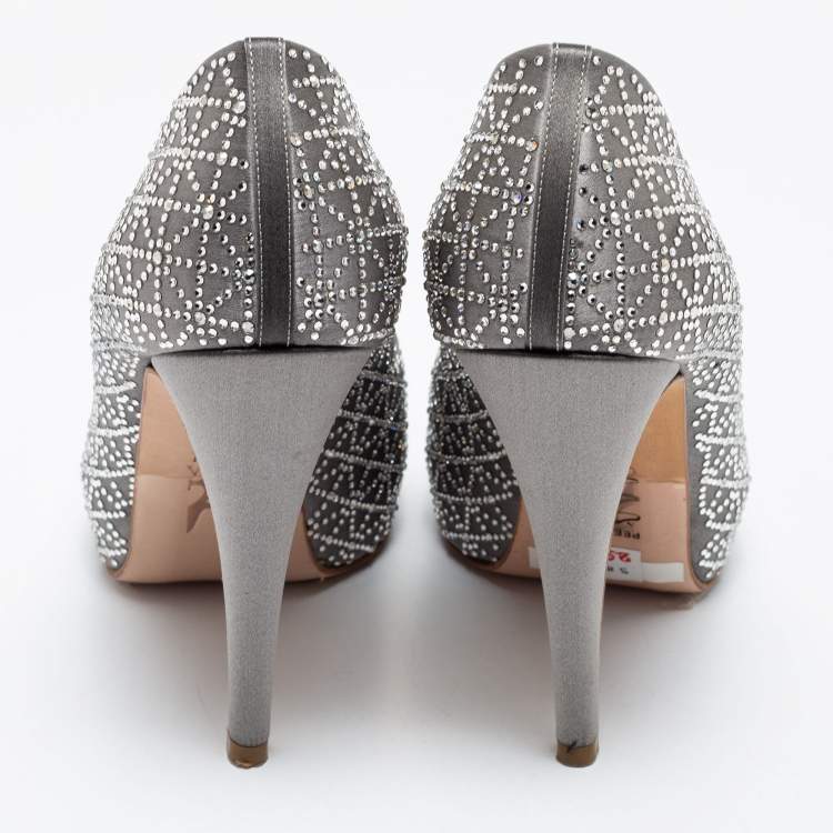 Pre Owned Gina Grey Satin Crystal Embellished Open Toe Platform Pumps Size 37.5