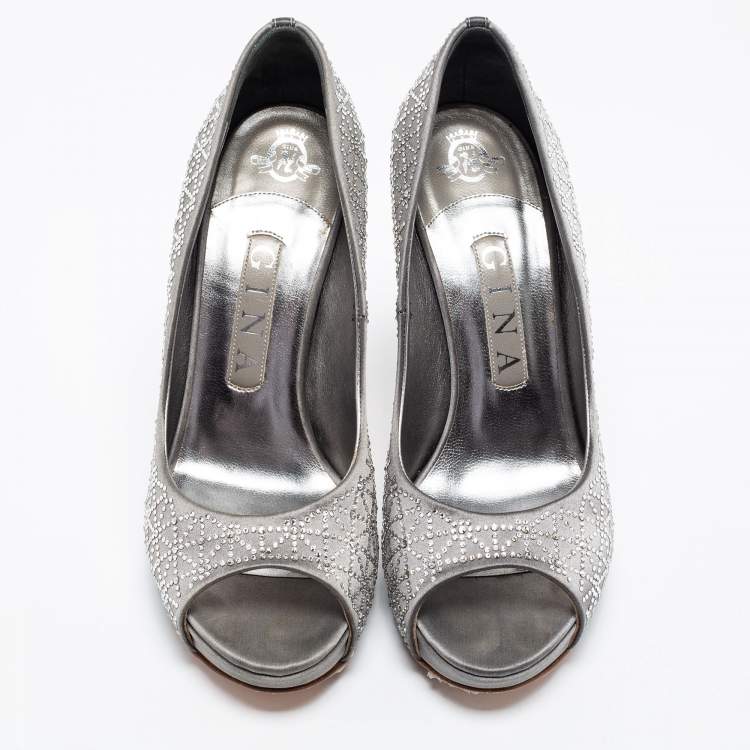 Pre Owned Gina Grey Satin Crystal Embellished Open Toe Platform Pumps Size 37.5
