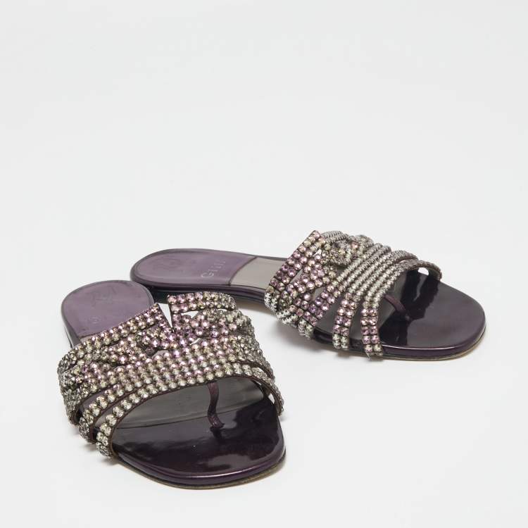 Pre Owned Gina Metallic Purple Patent Leather Crystal Embellished Flats Size 38.5