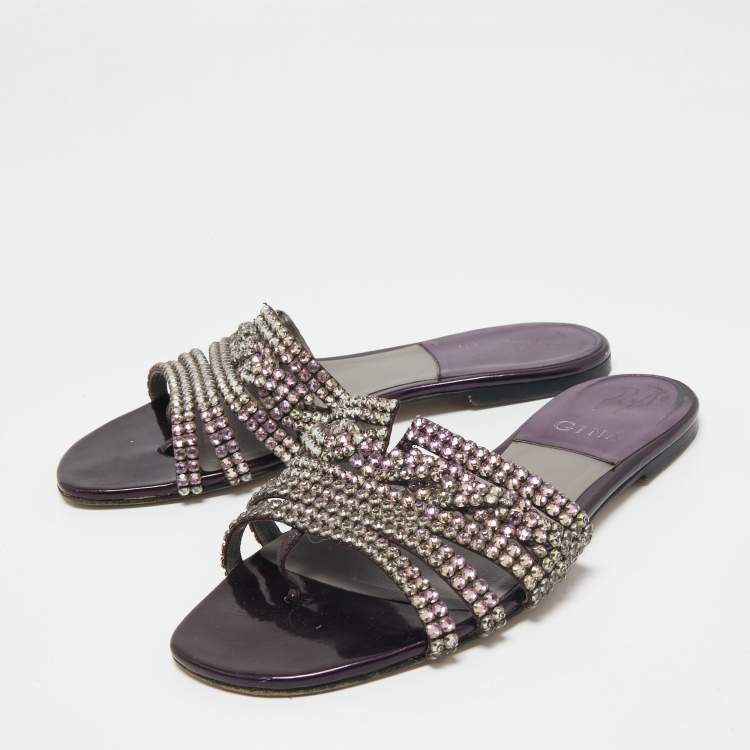 Pre Owned Gina Metallic Purple Patent Leather Crystal Embellished Flats Size 38.5