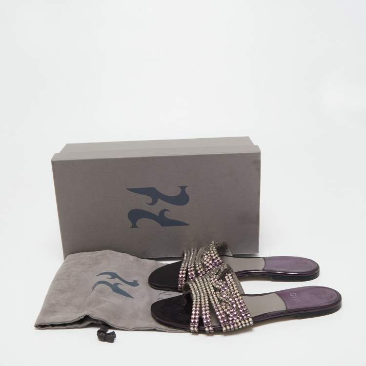 Pre Owned Gina Metallic Purple Patent Leather Crystal Embellished Flats Size 38.5