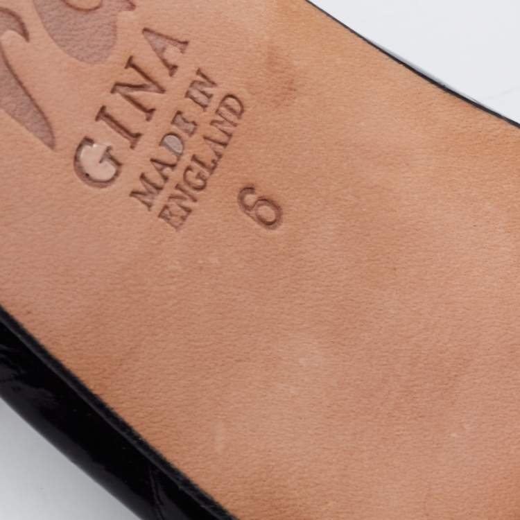 Pre Owned Gina Black Croc Embossed Patent Leather Crystal Embellished Slides Sandals Size 39