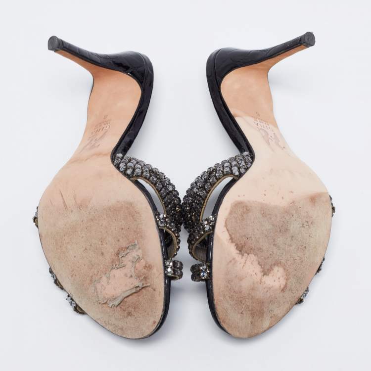 Pre Owned Gina Black Croc Embossed Patent Leather Crystal Embellished Slides Sandals Size 39