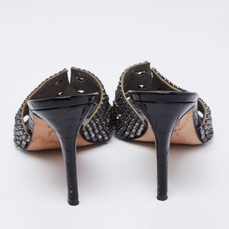 Pre Owned Gina Black Croc Embossed Patent Leather Crystal Embellished Slides Sandals Size 39