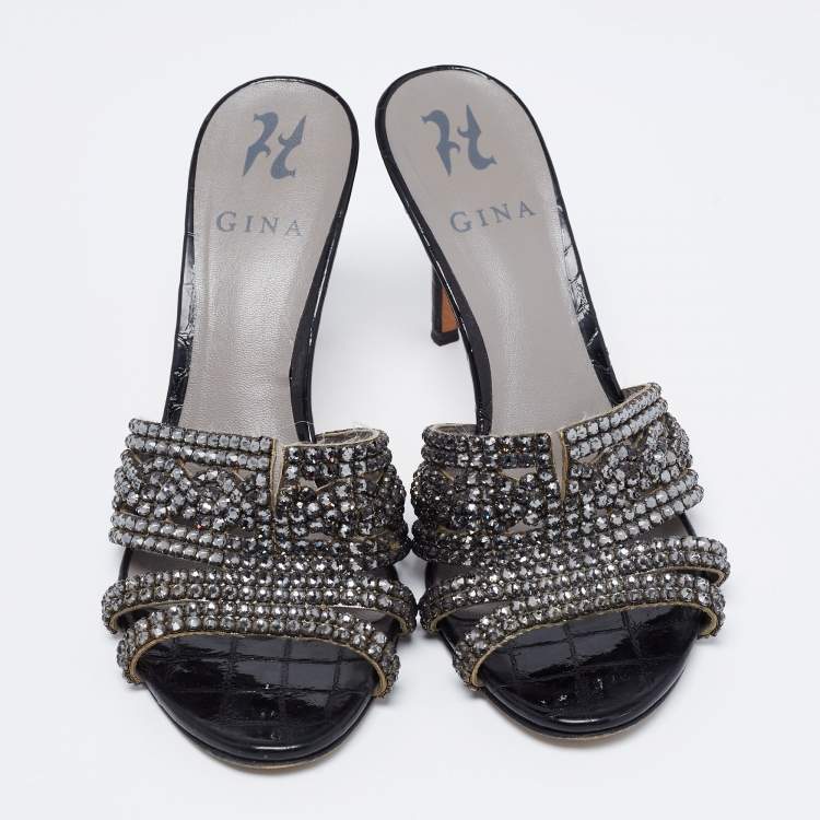 Pre Owned Gina Black Croc Embossed Patent Leather Crystal Embellished Slides Sandals Size 39