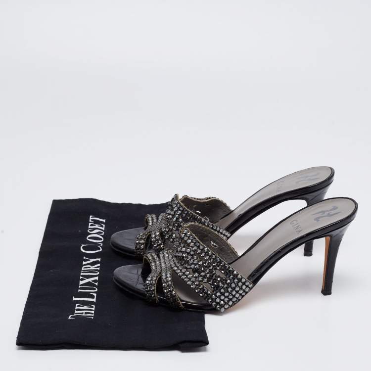 Pre Owned Gina Black Croc Embossed Patent Leather Crystal Embellished Slides Sandals Size 39