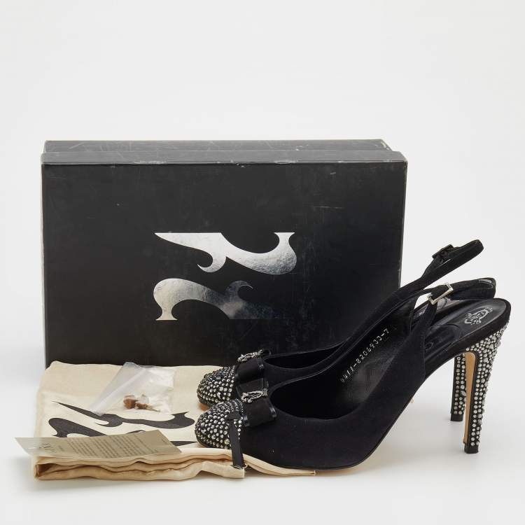 Pre Owned Gina Black Suede And Satin Crystal Embellished Cap Toe Slingback Sandals Size 40
