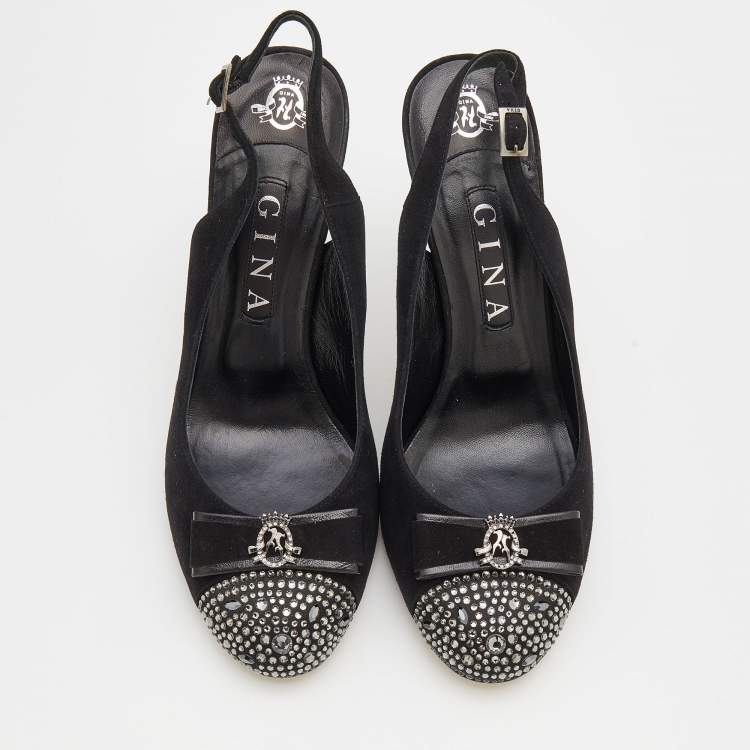 Pre Owned Gina Black Suede And Satin Crystal Embellished Cap Toe Slingback Sandals Size 40