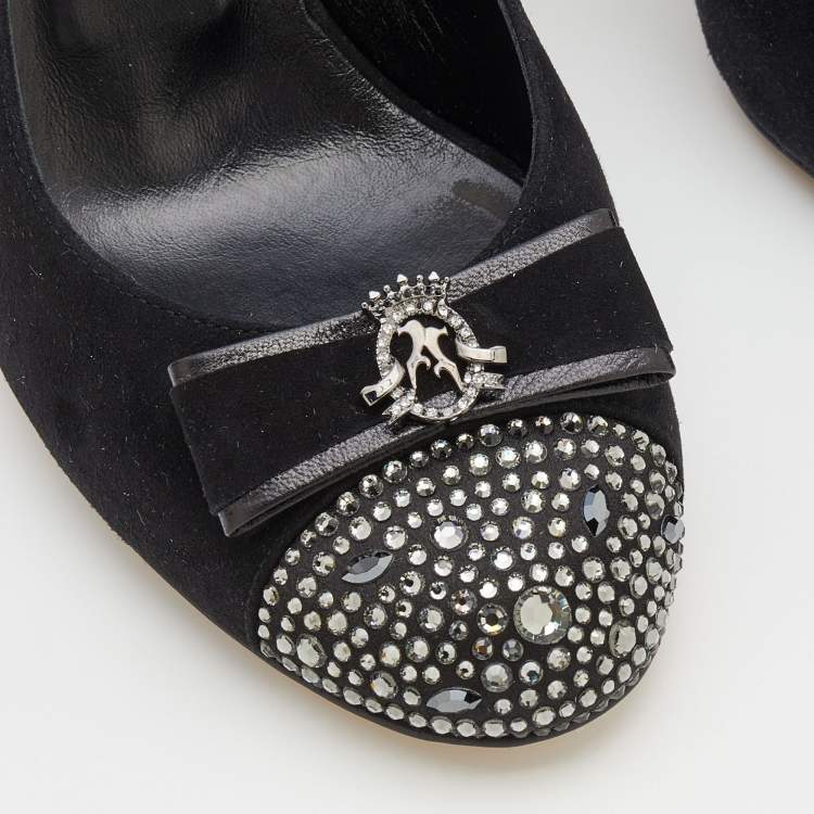Pre Owned Gina Black Suede And Satin Crystal Embellished Cap Toe Slingback Sandals Size 40