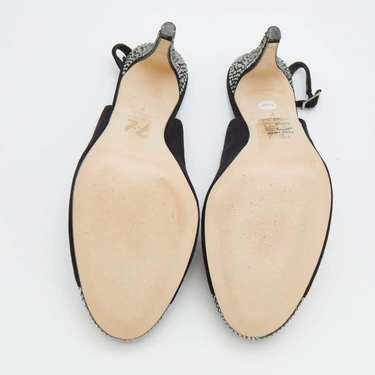 Pre Owned Gina Black Suede And Satin Crystal Embellished Cap Toe Slingback Sandals Size 40