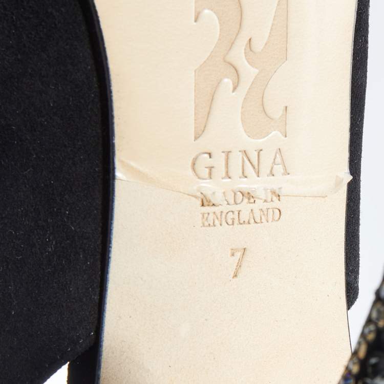 Pre Owned Gina Black Suede And Satin Crystal Embellished Cap Toe Slingback Sandals Size 40