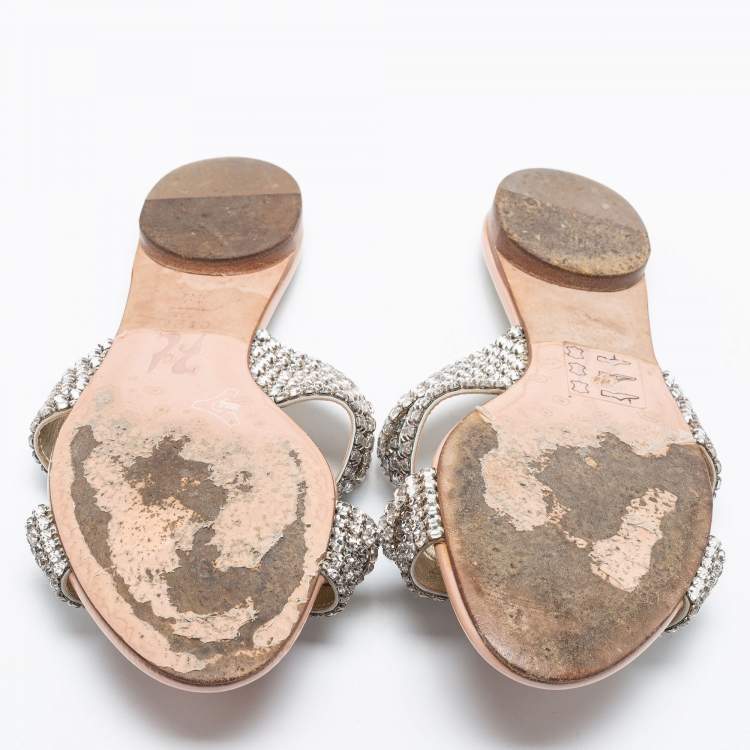 Pre Owned Gina Silver/Pink Crystal Embellished Leather Flat Slides Size 37.5