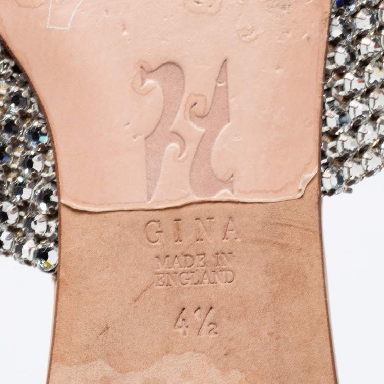 Pre Owned Gina Silver/Pink Crystal Embellished Leather Flat Slides Size 37.5