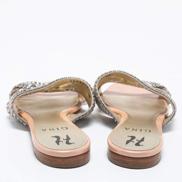 Pre Owned Gina Silver/Pink Crystal Embellished Leather Flat Slides Size 37.5