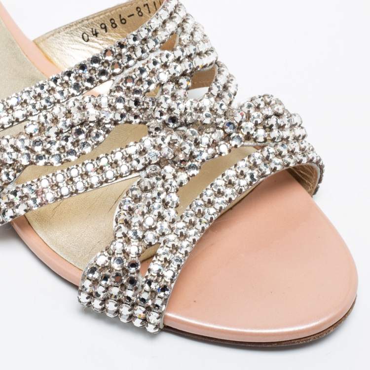 Pre Owned Gina Silver/Pink Crystal Embellished Leather Flat Slides Size 37.5