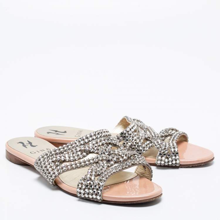 Pre Owned Gina Silver/Pink Crystal Embellished Leather Flat Slides Size 37.5
