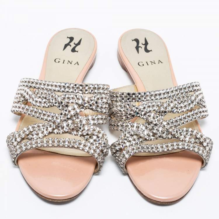 Pre Owned Gina Silver/Pink Crystal Embellished Leather Flat Slides Size 37.5