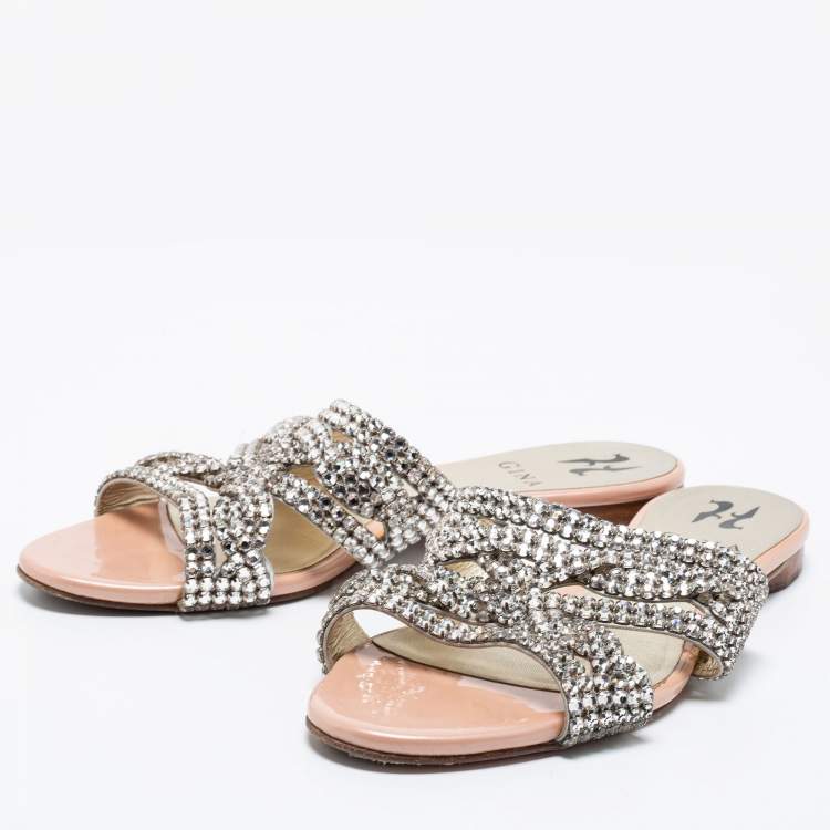 Pre Owned Gina Silver/Pink Crystal Embellished Leather Flat Slides Size 37.5