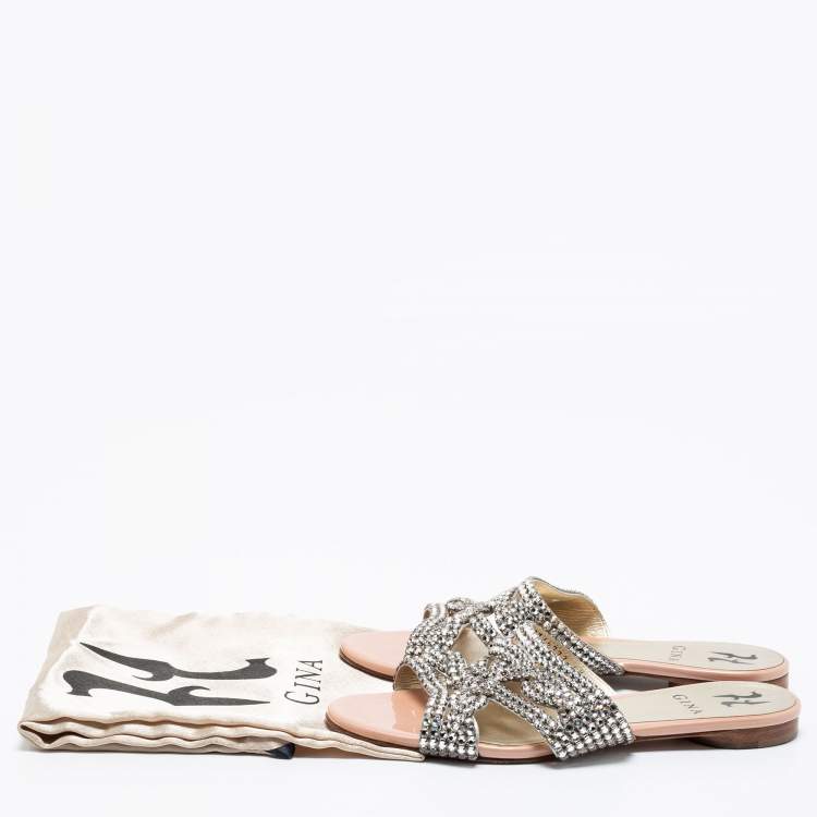 Pre Owned Gina Silver/Pink Crystal Embellished Leather Flat Slides Size 37.5