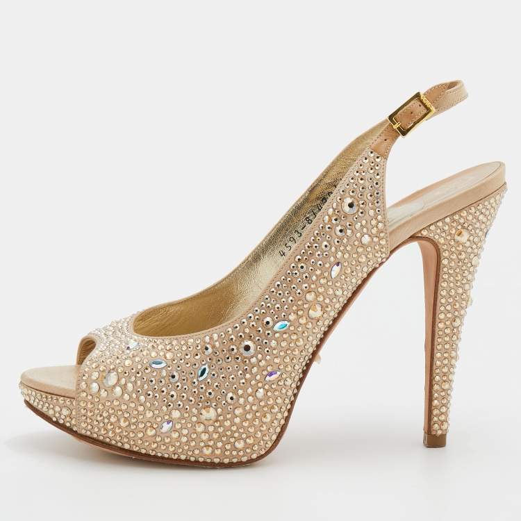 Pre Owned Gina Beige Satin Crystal Embellished Platform Sling Back Sandals Size 39