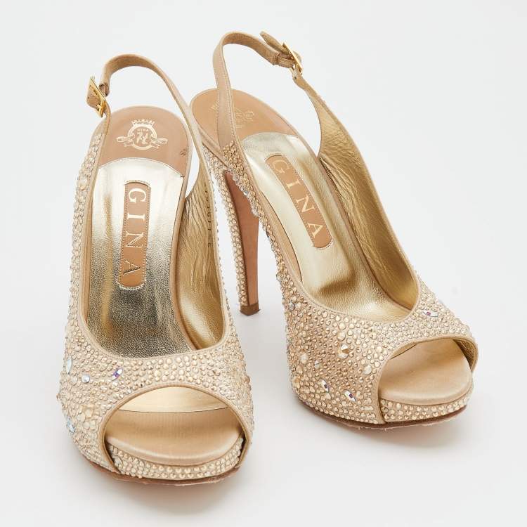 Pre Owned Gina Beige Satin Crystal Embellished Platform Sling Back Sandals Size 39