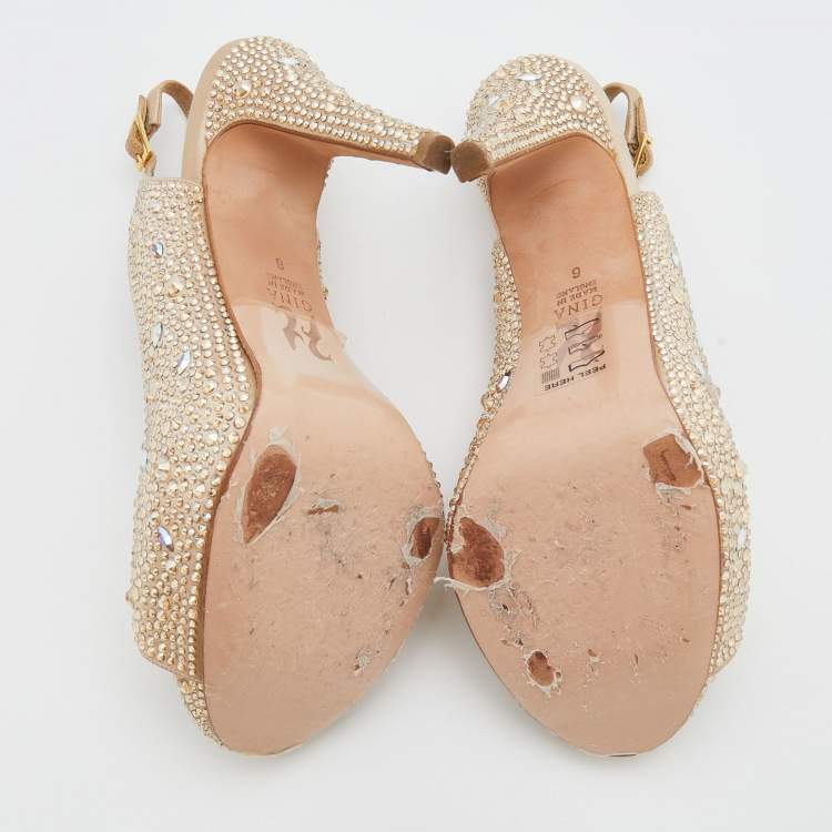 Pre Owned Gina Beige Satin Crystal Embellished Platform Sling Back Sandals Size 39